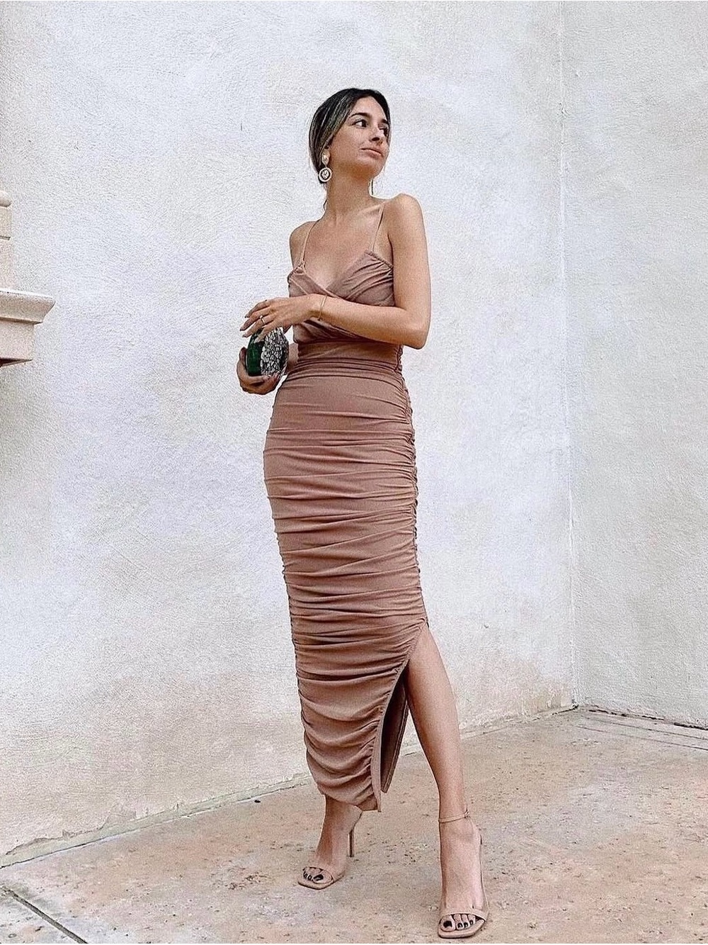 Elliatt Ruched Mesh Pippa Midi Dress in Taupe/Nude